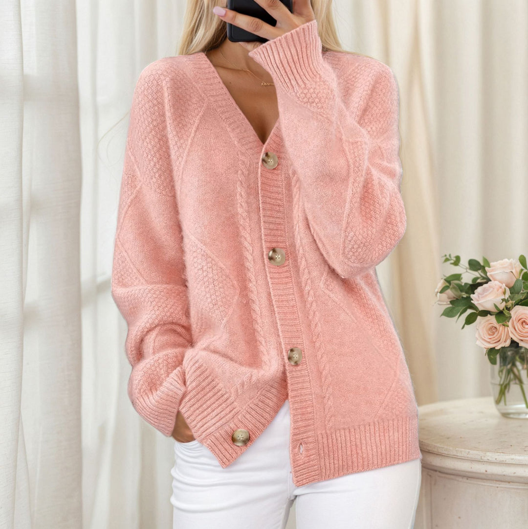 Damen Strickjacke mit geflochtenem Muster und eleganter Knopfdetail Drune