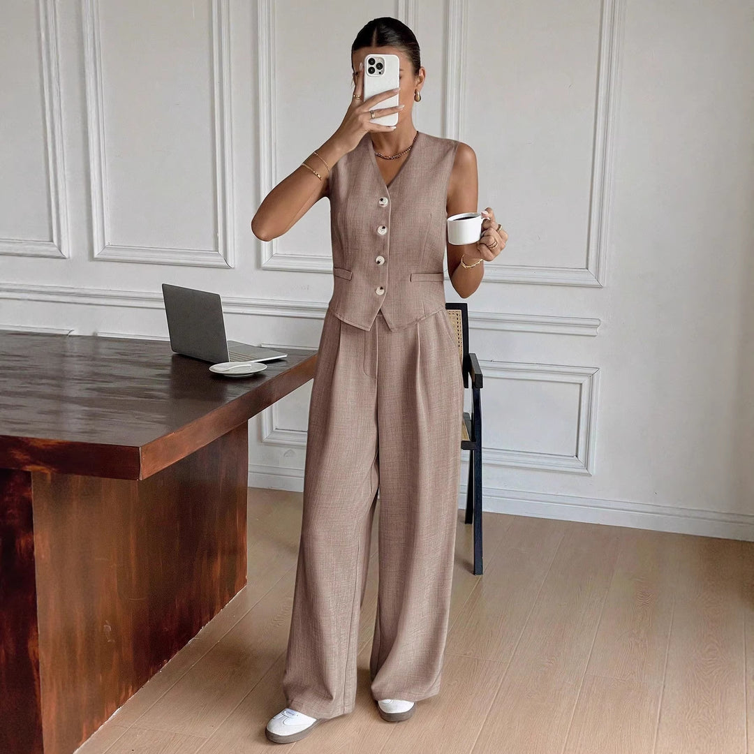 Damen Eleganter Anzug mit ärmellosem Blazer und weiten Hosen Drune