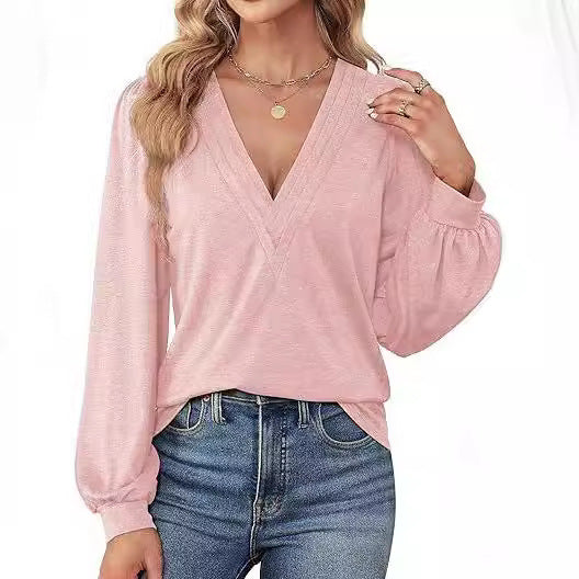 Damen elegantes Oberteil mit V-Ausschnitt und Puffärmeln Drune