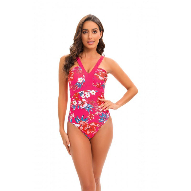 Damen Einteiler Badeanzug mit floralem Design und modernem V-Ausschnitt Drune