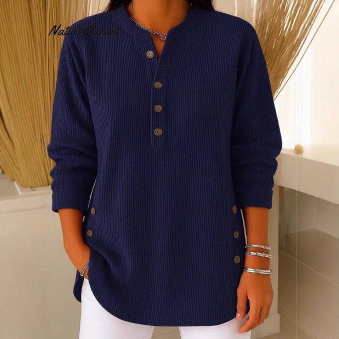 Damen Langarmshirt mit Knopfleiste und modernen Seitenknopfdetails Drune