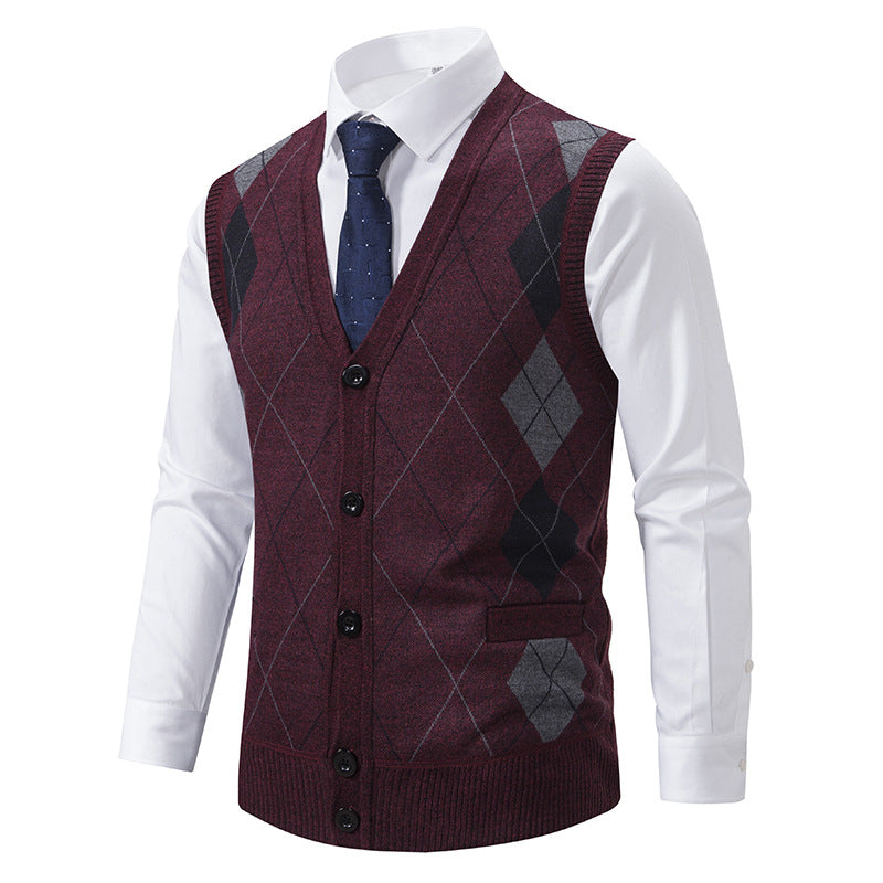 Herren nan ärmellose Strickweste mit Argyle-Muster, Teddyfutter und durchgehender Knopfleiste Drune