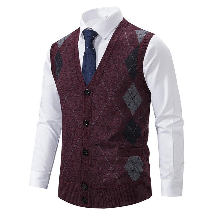 Herren nan ärmellose Strickweste mit Argyle-Muster, Teddyfutter und durchgehender Knopfleiste Drune