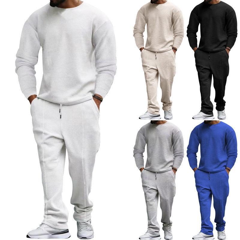 Herren nan strukturiertes Lounge-Set mit Rundhals-Pullover und schmal zulaufender Naht-Jogginghose Drune