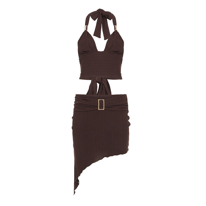 Damen Set aus Crop-Top und asymmetrischem Rock mit Rüschen-Drune
