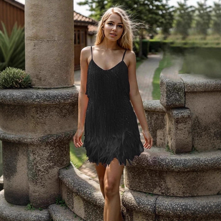 Damen Fransenminikleid mit süßem V-Ausschnitt und verführerischem Design Drune
