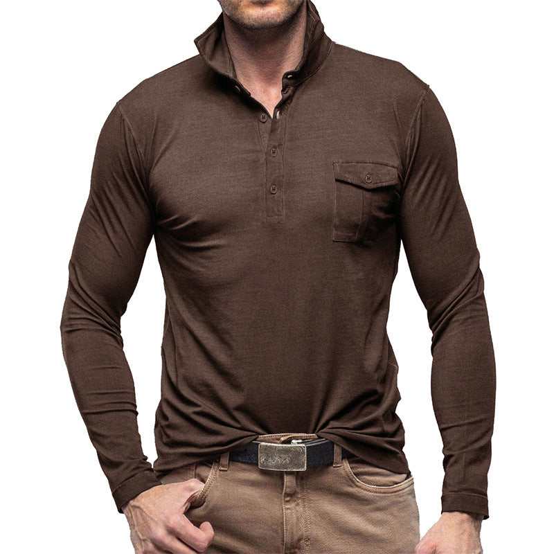 Drune | Henley Pique Shirt Lange Ärmel Moderner Kragen Brusttasche Normale Passform