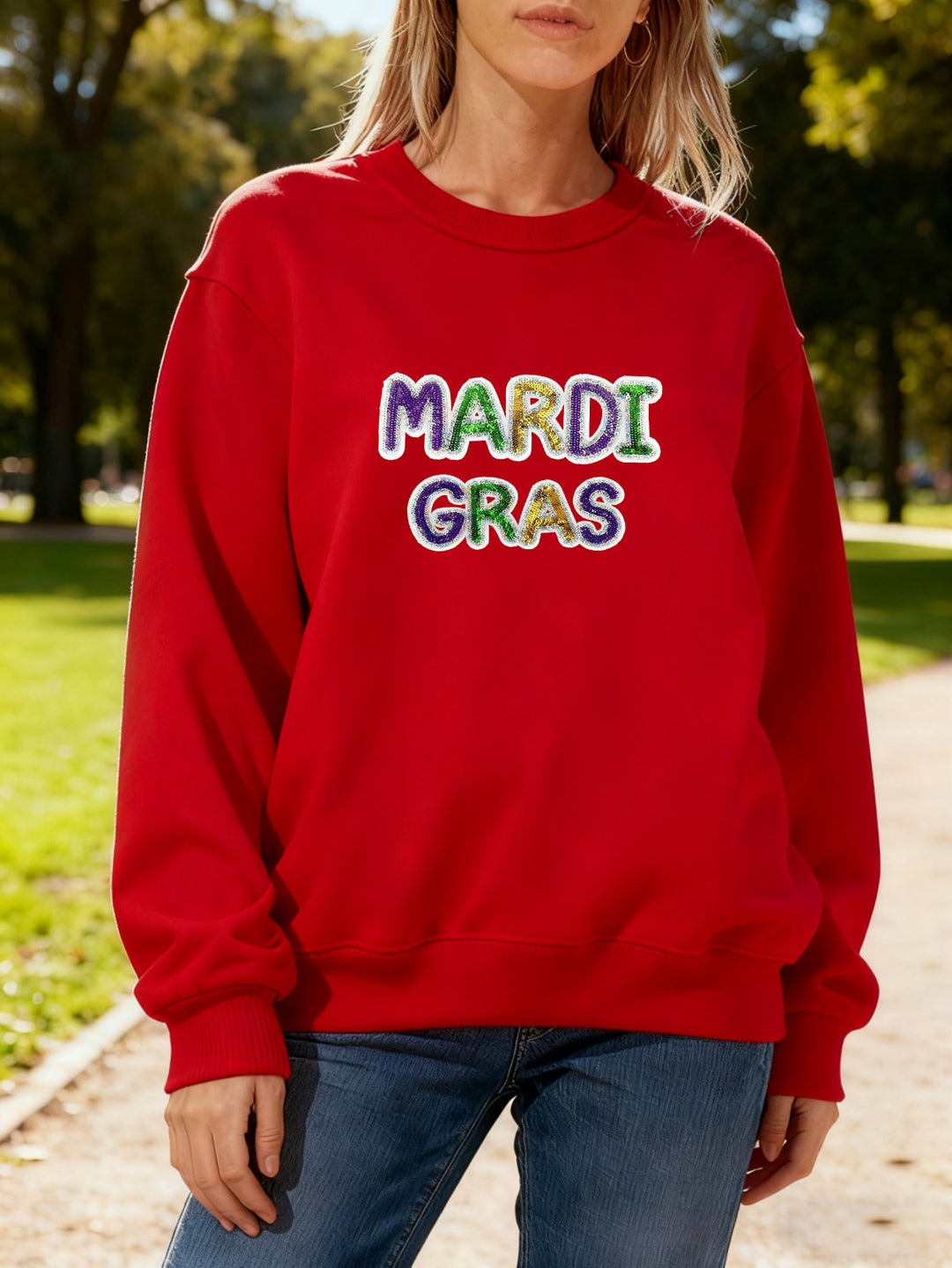 Damen Sweatshirt mit lebhaftem Mardi Gras Schriftzug Drune