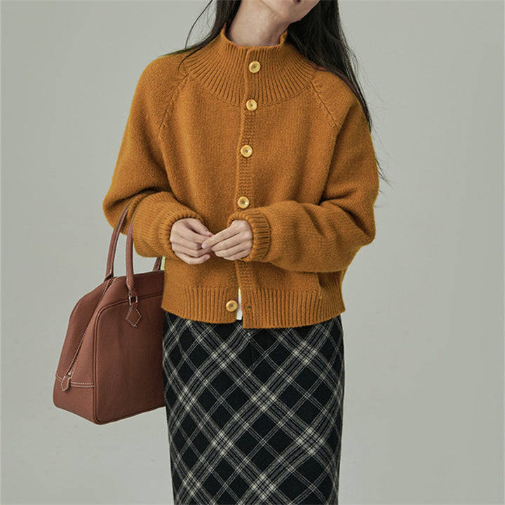 Damen knielange Strickjacke mit Stehkragen und modischen Holzknöpfen Drune