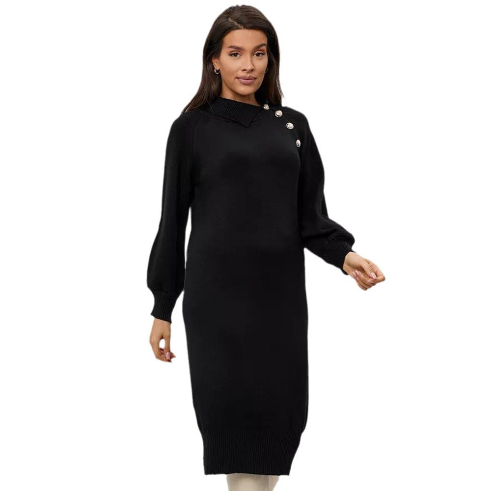 Damen Strickkleid mit taillierendem Gürtel und dekorativen Knopfdetails Drune