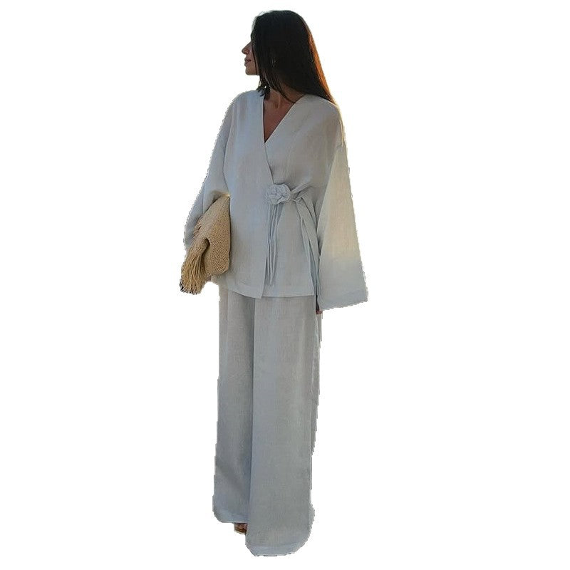 Damen eleganter Leinenanzug mit raffinierten Rüschen Drune