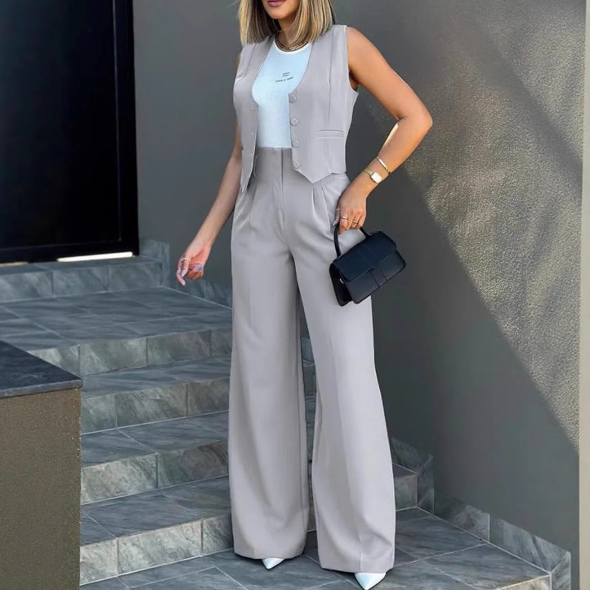Damen Elegantes Hosenanzug-Set aus hochwertigem Stoff mit tailliertem Blazer und weitem Bein Drune