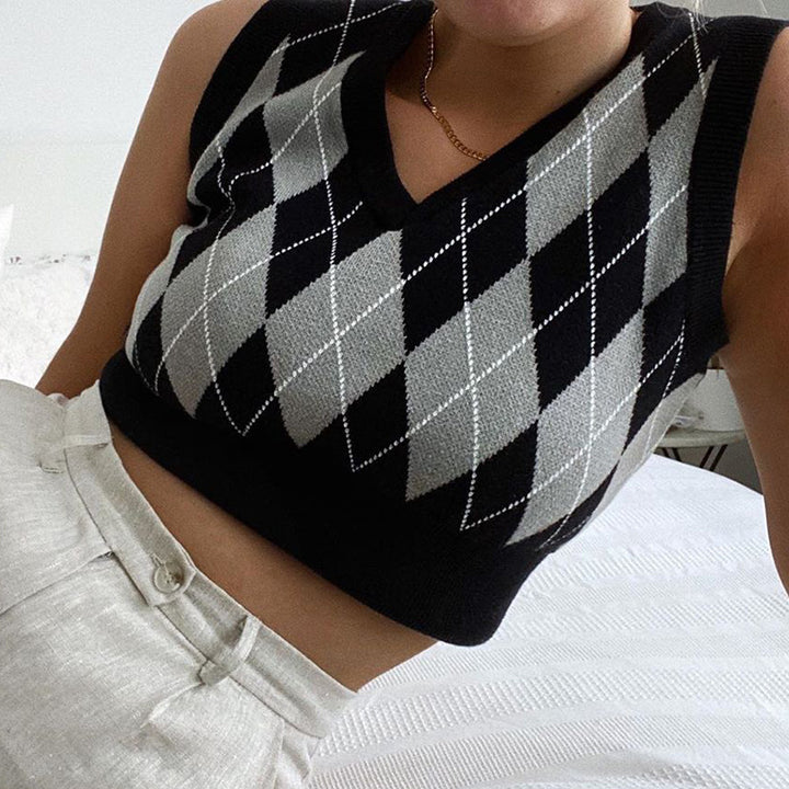 Damen cropped Stricktop mit modernem Rautenmuster Drune