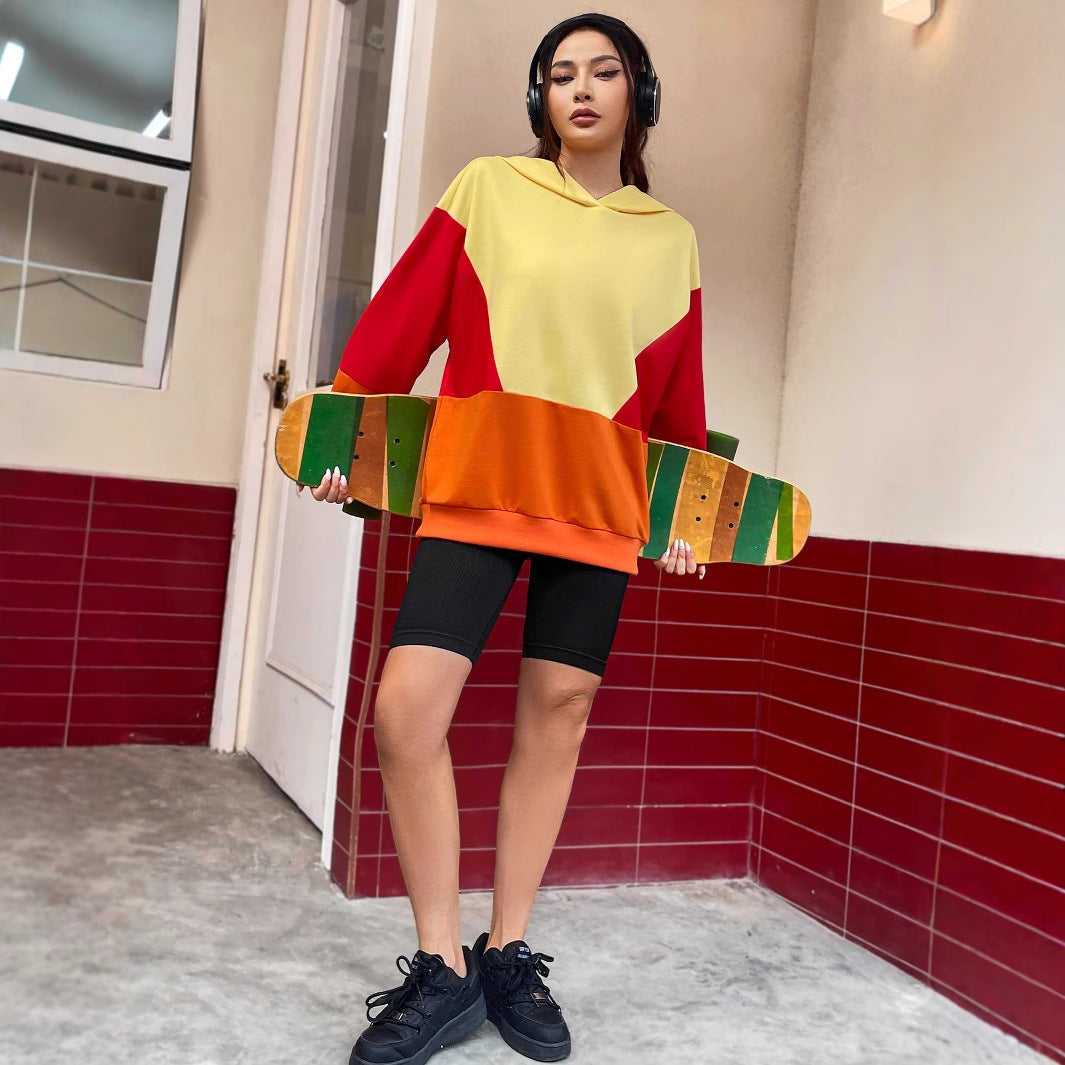 Damen lässiger Kapuzenpullover mit buntem Farbblockdesign Drune
