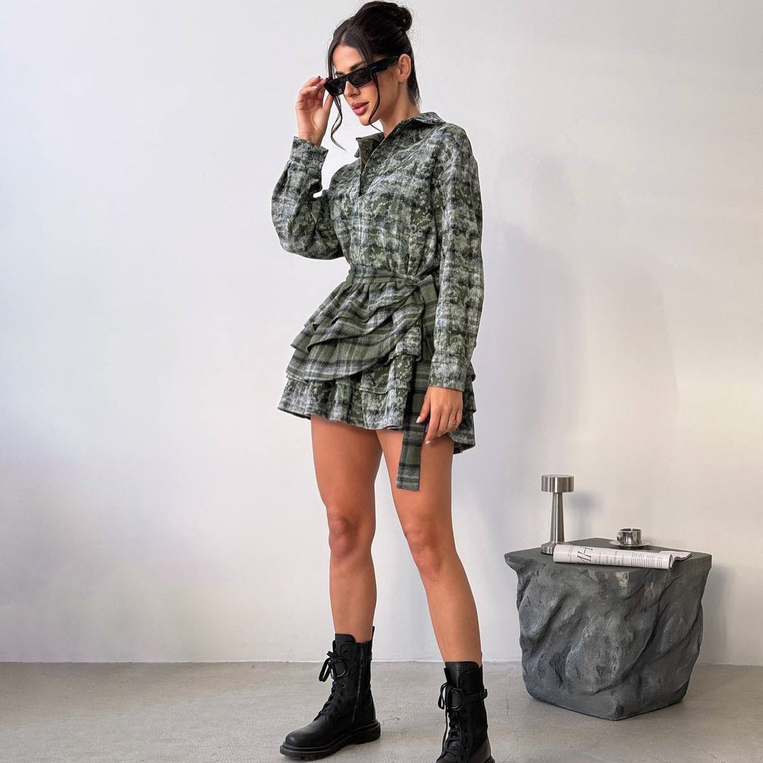 Damen Hemdkleid mit verstellbarem Taillengürtel und frischem Karomuster Drune