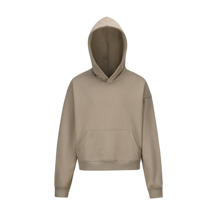 Damen nan kurzgeschnittener Boxy-Kapuzenpullover mit Kängurutasche und geripptem Komfortbund Drune