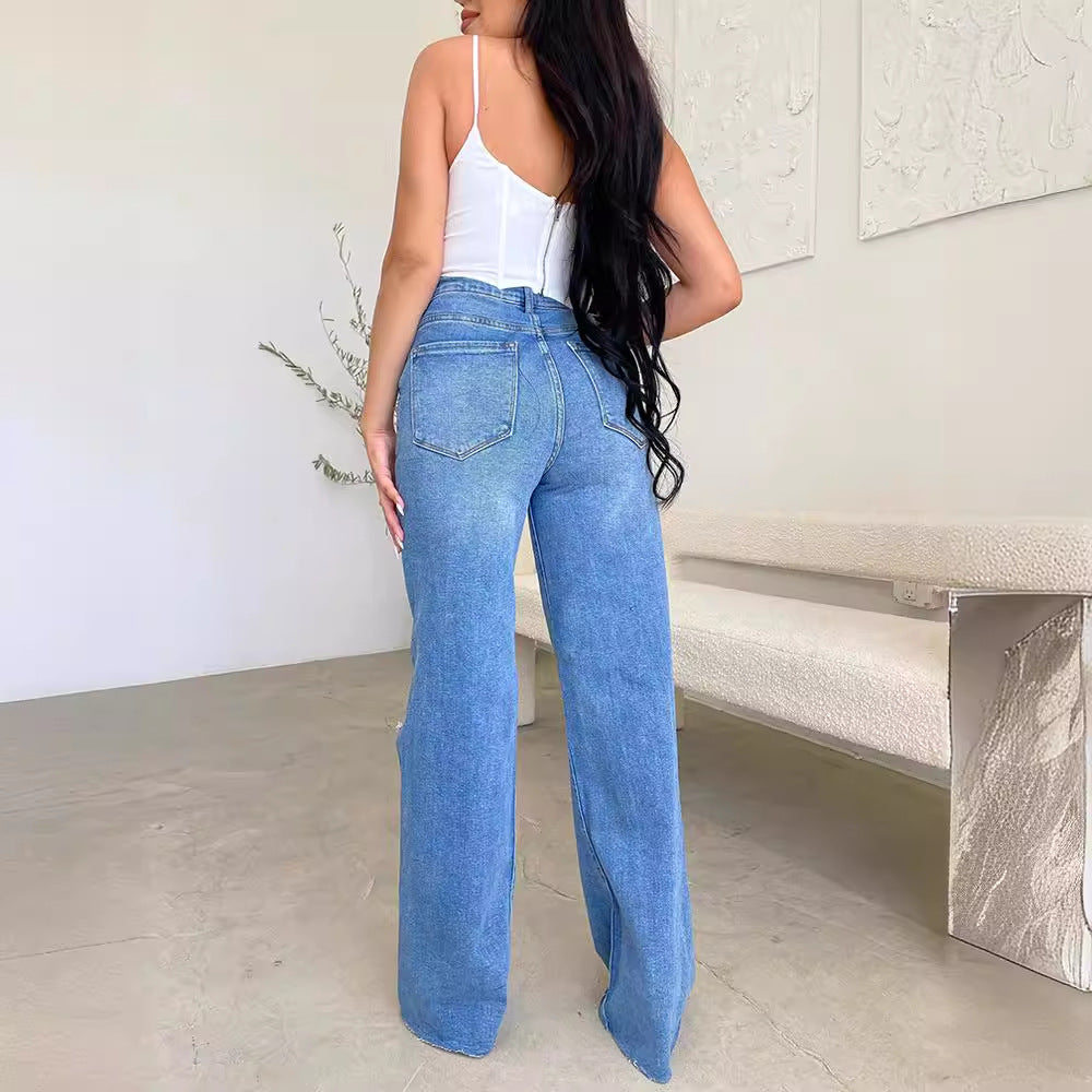 Damen weite High-Waist Jeans mit destroyed Effekten Drune
