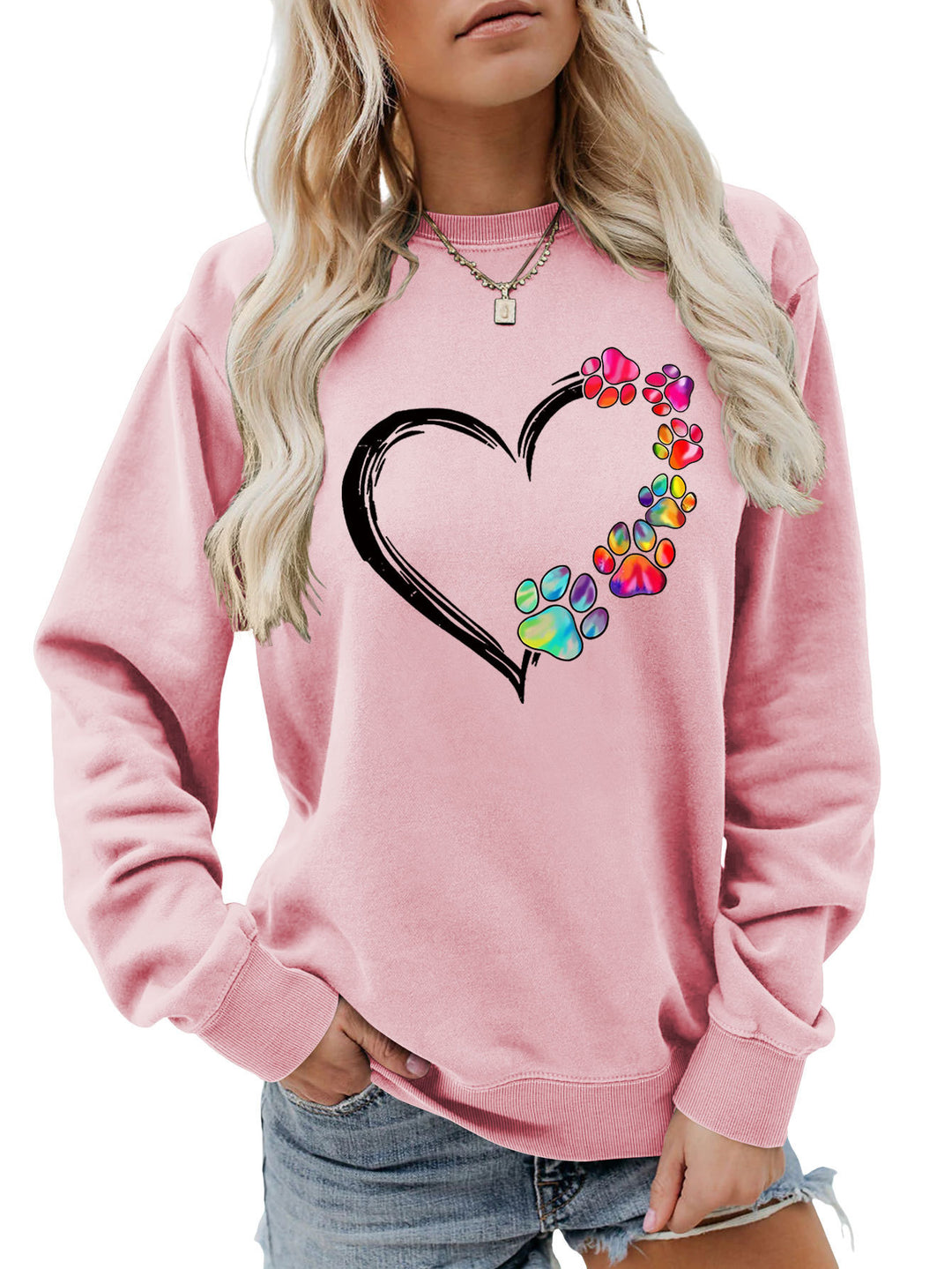 Damen Sweatshirt mit kreativem Pfotenherz-Design Drune