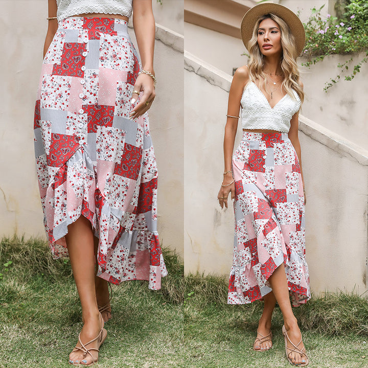 Damen Maxi-Rock mit verspieltem Patchwork-Design und Knopfdetails Drune