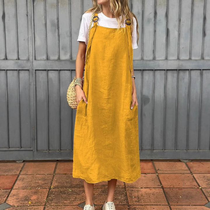 Damen Lässiges Leinenkleid mit verstellbaren Trägern und praktischen Taschen Drune