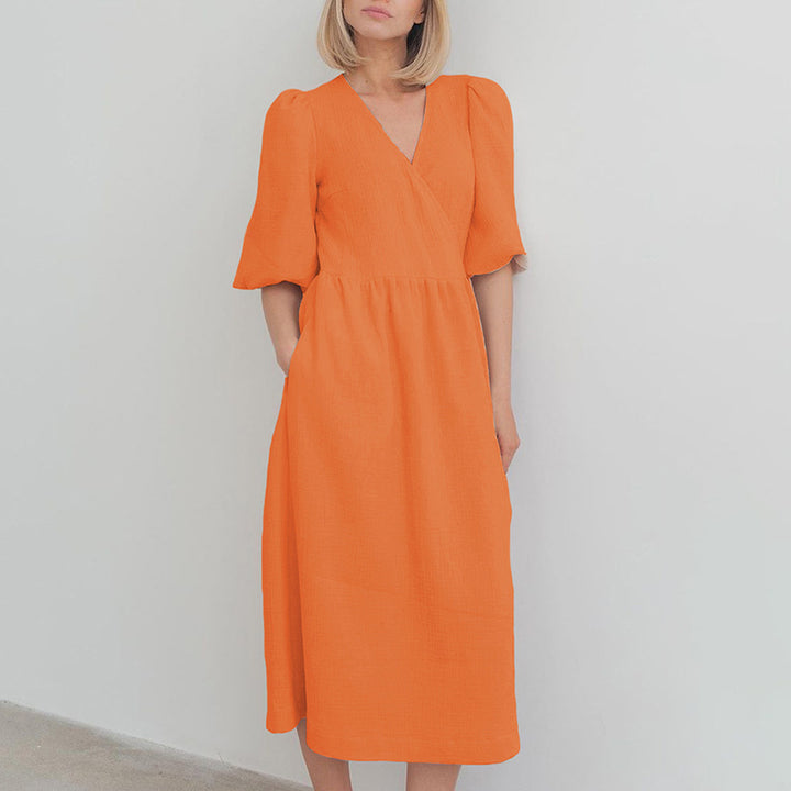 Damen Wickelkleid mit voluminösen Ärmeln und elegantem V-Ausschnitt Drune