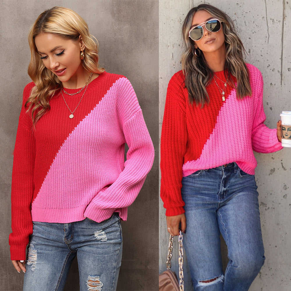 Damen trendiger Pullover mit asymmetrischem Farbblockdesign Drune