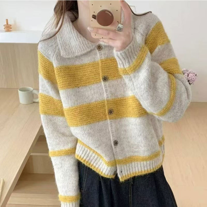 Damen kuschelige Strickjacke mit stilvollem Kragen und Streifenmuster Drune