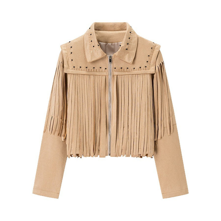 Damen Fransenjacke aus Wildlederimitat mit Zipper und stilvollen Applikationen Drune