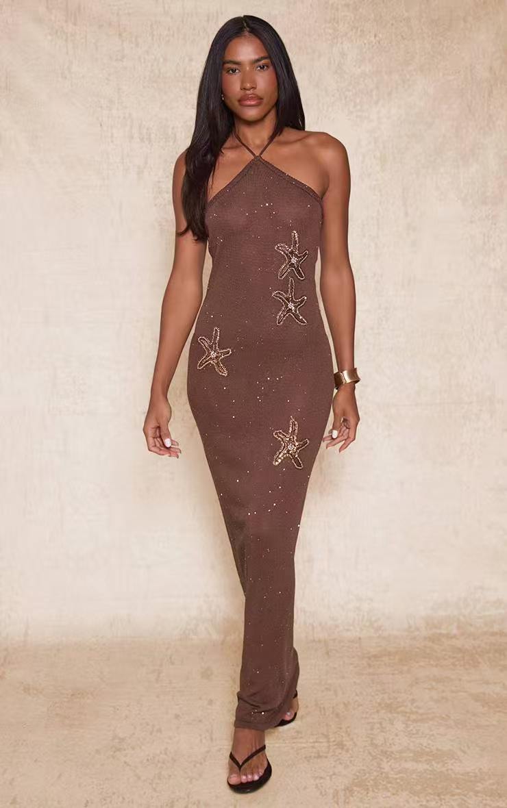 Damen elegantes Maxikleid mit schimmerndem Strickmuster Drune