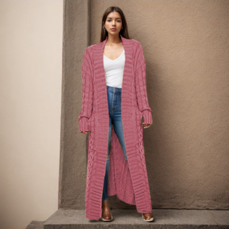 Damen langen Strickcardigan mit hochwertigem Zopfmuster Drune
