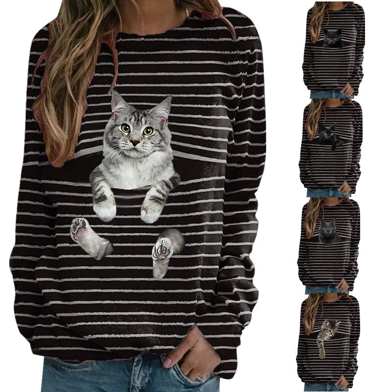 Damen nan lässiger Streifenpullover mit fotorealistischer Katzentasche und Rundhalsausschnitt Drune