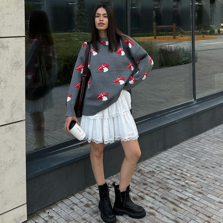 Damen Pullover mit kreativem Pilzdesign und lässigem Schnitt Drune