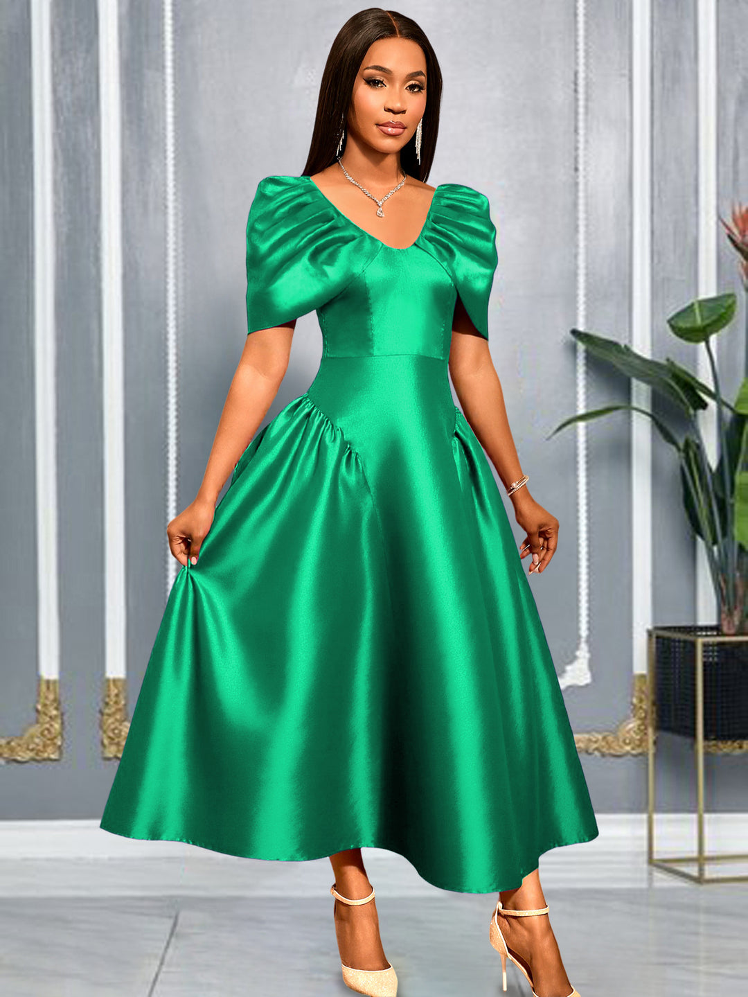 Damen elegantes Midikleid mit voluminösen Puffärmeln und schwingendem Rock Drune