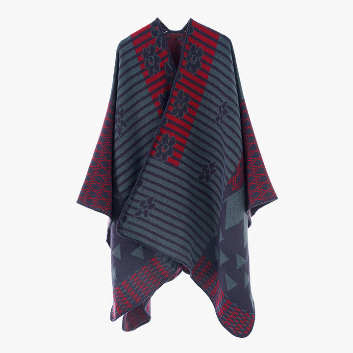 Damen Eleganter Poncho mit grafischem Muster und weichen Fransen Drune