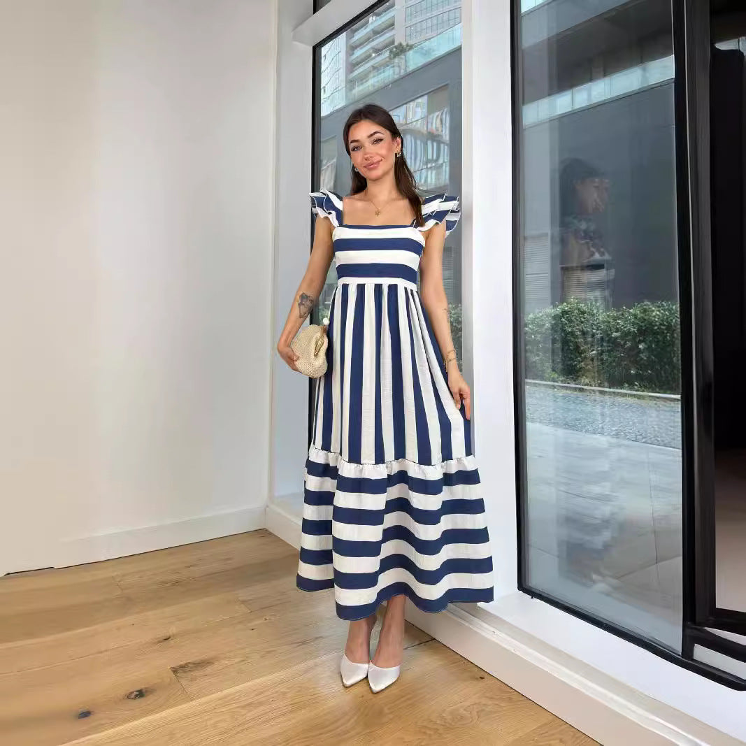 Damen Maxi-Kleid mit verspieltem Streifenmuster und Rüschendetails Drune