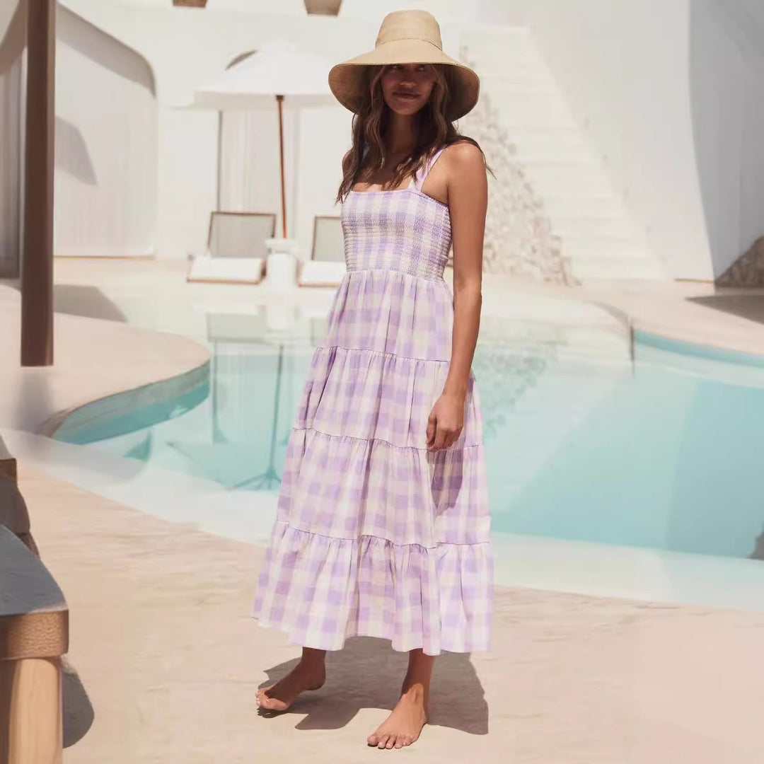 Damen Sommerliches Maxikleid mit kariertem Design und Trägern Drune