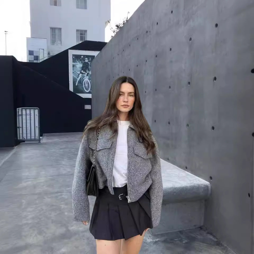 Damen cropped Winterjacke mit klassischem Kragen und Brusttaschen Drune