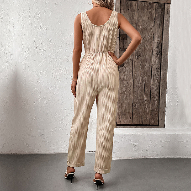 Damen Bequemer Bindegürtel Jumpsuit mit feinen Streifen Drune