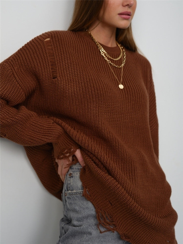 Damen lässiger Langpullover mit strukturiertem Rippdesign und offenen Säumen Drune