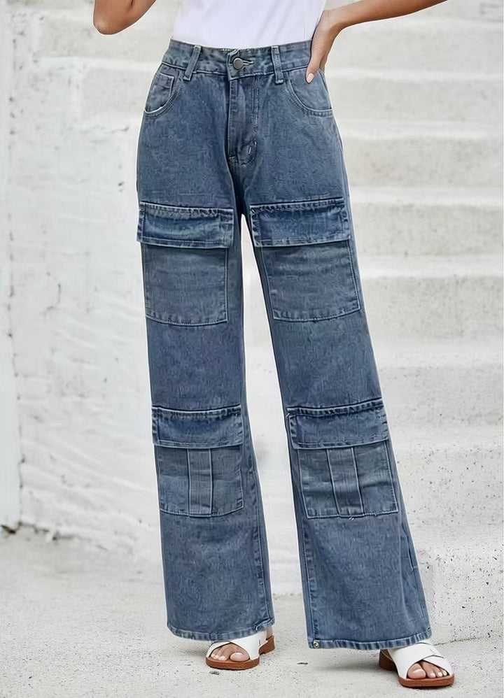 Damen nan High‑Waist Utility-Denimhose mit aufgesetzten Knie-Patches, Cargo‑Taschen und weitem Schlag Drune