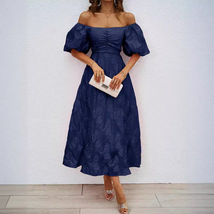 Damen elegantes Maxi-Kleid mit floralem Relief und schulterfreiem Design Drune