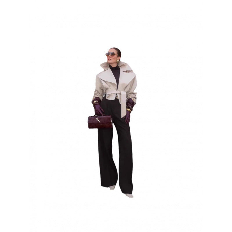 Damen modische Trenchjacke mit breitem Kragen und Taillengürtel Drune