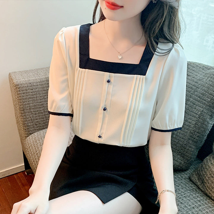 Damen Elegante Bluse mit Plissee-Details und kontrastierenden Akzenten Drune