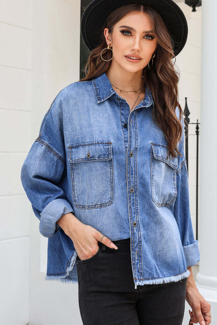 Damen lässige Oversized Jeanshemd mit aufgesetzten Taschen Drune