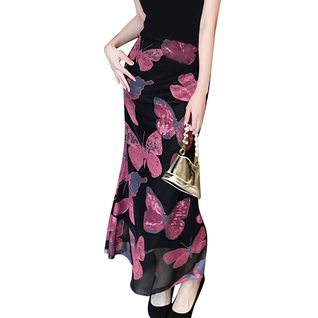 Damen Elegantes Maxikleid mit floralen Schmetterlingsmustern und transparentem Saum Drune