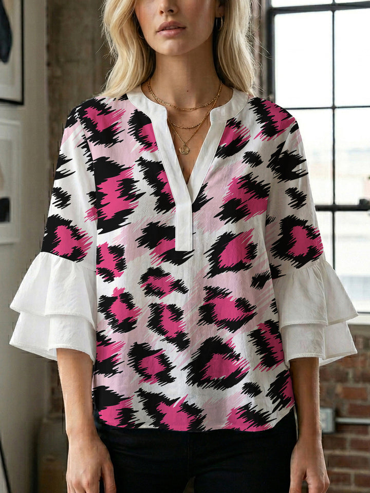 Damen Bluse mit Rüschendetails und auffälligem Animal-Print Drune