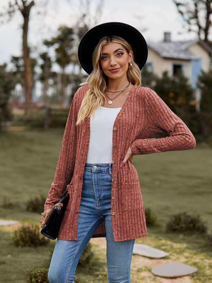Damen Strickjacke mit vertikalem Rippenmuster und Taschen Drune