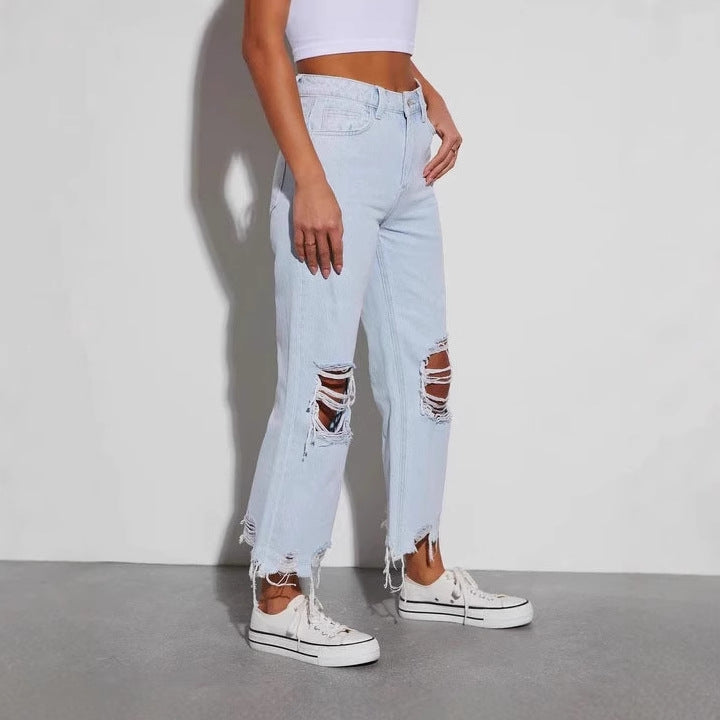 Damen lässige Boyfriend Jeans mit auffälligen Destroyed-Details und weitem Bein Drune