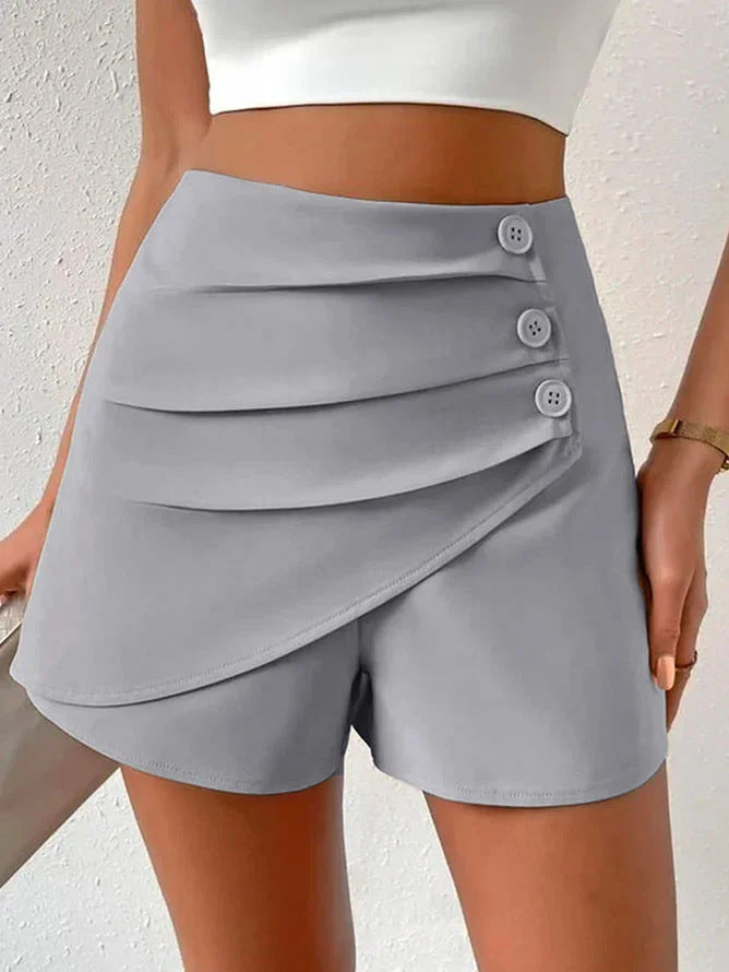 Damen modische kurze Hose mit drapierter Vorderseite und Knopfdetails Drune