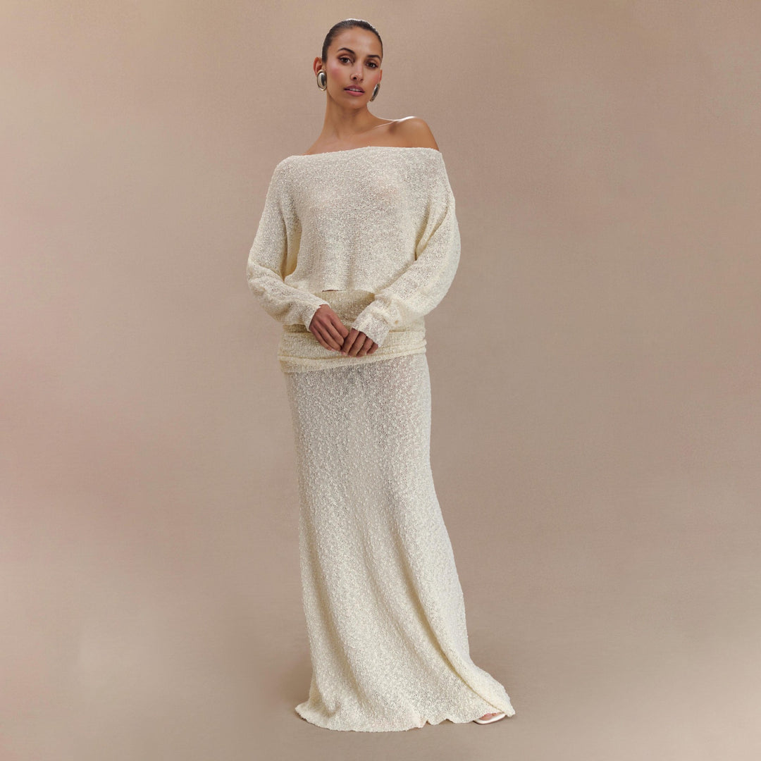 Damen elegantes Set aus Crop-Oberteil und Maxi-Rock mit Rüschendetails Drune